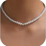 Pearl Heart Necklace for Women Fashion White Round Pearl Choker Necklace Dainty Pearl Love Heart Clavicle Chain Necklace Jewelry for Women Gifts