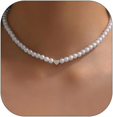 31gNXqGnQL._AC_SL1000_.jpg Pearl Heart Necklace for Women Fashion White Round Pearl Choker Necklace Dainty Pearl Love Heart Clavicle Chain Necklace Jewelry for Women Gifts - Image 1