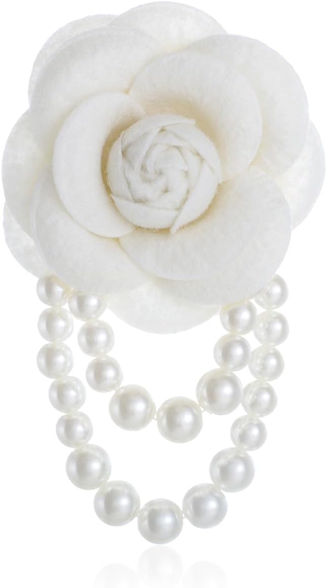 51Xo9vPKebL._AC_SL1500_.jpg Vintage Camellia Pearl Tassel Brooch Pin Bracelet Dainty Handmade Flower Beaded Tassel Brooch Red/Black/Pink/Grey/Blue/White Camellia Brooch Lapel Pins Wedding Party Birthday Christmas Jewelry for Women - Image 1