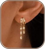 Dangle Earrings For Women, Dainty Gold Drop Statement Earrings 14K Gold Plated Long Huggie Earrings for Women Trendy Hypoallergenic Dangly Earrings Small Triple Hoops Earrings Fashion Jewelry