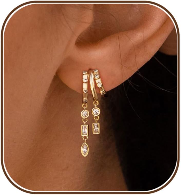 51ZxwPfEoHL._AC_SL1500_.jpg Dangle Earrings For Women, Dainty Gold Drop Statement Earrings 14K Gold Plated Long Huggie Earrings for Women Trendy Hypoallergenic Dangly Earrings Small Triple Hoops Earrings Fashion Jewelry - Image 1
