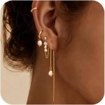 Gold Hoop Earrings for Women, 14K Gold Plated Hypoallergenic Pearl Drop Dangle Huggie Hoop Earring Stack for Multiple Piercings & Cartilage, Dainty Trendy Womens Jewelry