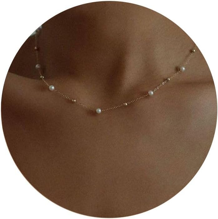 51sXl7ZY29L._AC_SL1500_.jpg Gold Pearl Necklaces for Women, Dainty Small Simple 18K Gold Plated Choker Bead Necklaces for Women Handmade Pearl Jewelry Bridesmaid Gifts - Image 1
