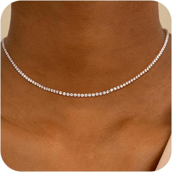51yH-T2aL._AC_SL1500_.jpg Tennis Necklace for Women, 14K Gold/Silver Plated Rhinestone Choker Necklace for Women, Dainty Cubic Zirconia Cut Faux Diamond Chain - Image 1