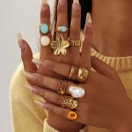 Chunky Gold Rings for Women Non Tarnish, Baroque Pearl Flower Tiger's Eye Stone Rings Adjustable Stacking Statement Rings Set Fashion Jewelry Gifts - Image 2