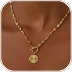 Chunky Gold Necklace for Women, Simple 14K Gold/Silver Plated Circle Pendant Choker Necklaces Trendy Dainty Heart Chain Toggle Clasp Necklace Jewelry Gift for Women