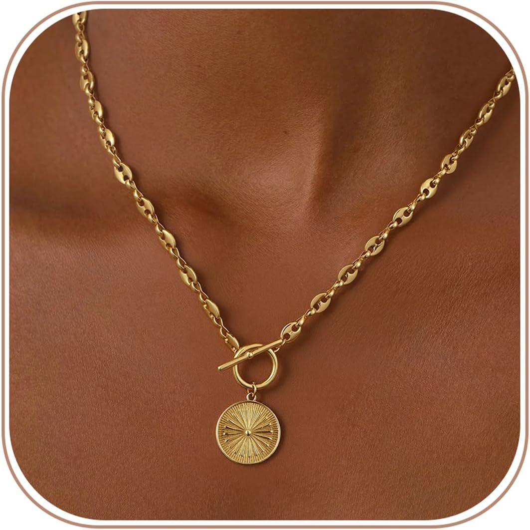 61K49i4HLmL._AC_SL1500_.jpg Chunky Gold Necklace for Women, Simple 14K Gold/Silver Plated Circle Pendant Choker Necklaces Trendy Dainty Heart Chain Toggle Clasp Necklace Jewelry Gift for Women - Image 1