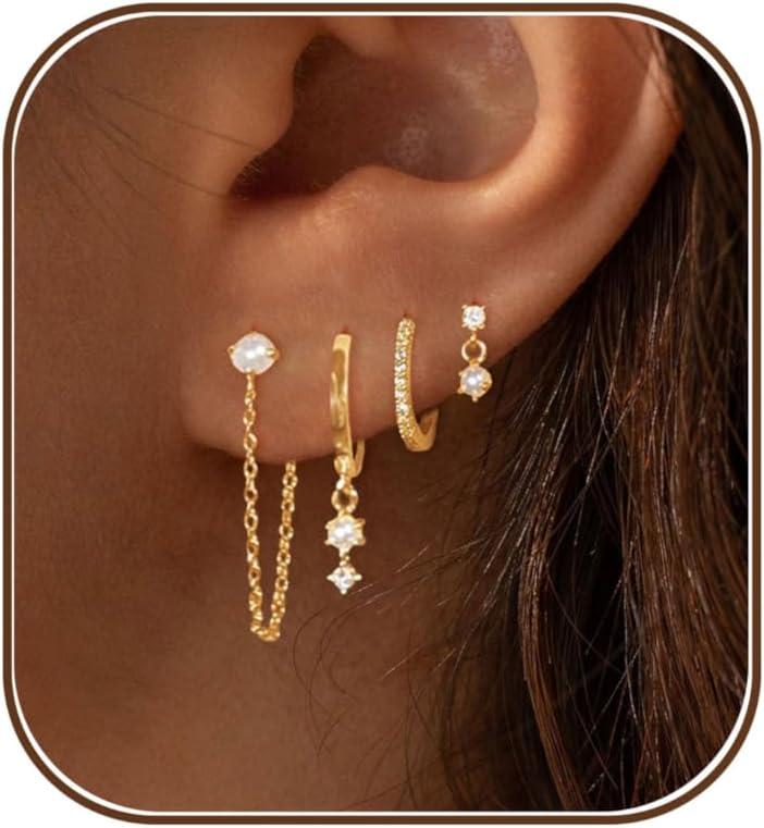 61KtzzKMhnL._AC_SL1500_.jpg Gold Earrings for Women, 14k Gold Plated Dangle Huggie Earrings for Women Trendy Dainty Gold Hoop Earring Stacks Hypoallergenic Pearl Chain Drop Cartilage Earring Fashion Womens Jewelry - Image 1