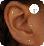 Flat Back Stud Cartilage Tragus Helix Nose Piercing Earrings Jewelry For Women Conch Threadless Titanium Surgical Steel Hypoallergenic 14K Gold plated Silver Small Tiny Studs