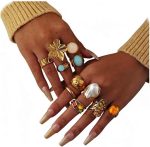 Chunky Gold Rings for Women Non Tarnish, Baroque Pearl Flower Tiger's Eye Stone Rings Adjustable Stacking Statement Rings Set Fashion Jewelry Gifts