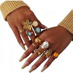 Chunky Gold Rings for Women Non Tarnish, Baroque Pearl Flower Tiger's Eye Stone Rings Adjustable Stacking Statement Rings Set Fashion Jewelry Gifts