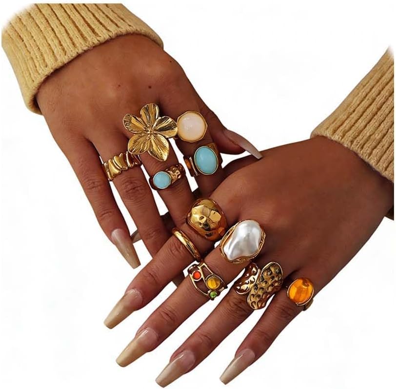 61XeWoFQ0QL._AC_SL1500_.jpg Chunky Gold Rings for Women Non Tarnish, Baroque Pearl Flower Tiger's Eye Stone Rings Adjustable Stacking Statement Rings Set Fashion Jewelry Gifts - Image 1