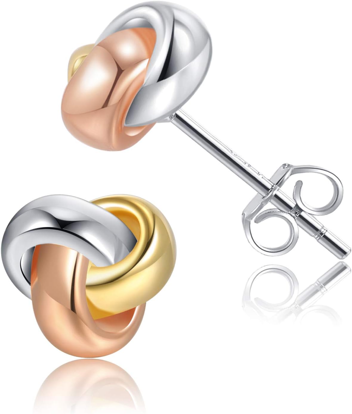 CHIC & ARTSY Love Knot Earrings 18K Gold Plated 925 Sterling Silver Tri-tone White,Yellow,Love Knot Stud Earrings Dainty 8mm 10mm High Polished Stud Earrings for Women