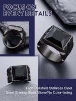 Gemstone Signet Rings for Men, Stainless Steel Fancy Cut Cubic Zirconia Rings Blue Topaz/Emerald/Black Onyx/Ruby Ring Statement Ring Wedding Ring - Image 2