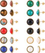 12 Pairs Multi Gemstone Stud Earrings Stainless Steel Turquoise Tiger Eye Onyx Lapis Lazuli Malachite Stone Stud Earrings Set for Women
